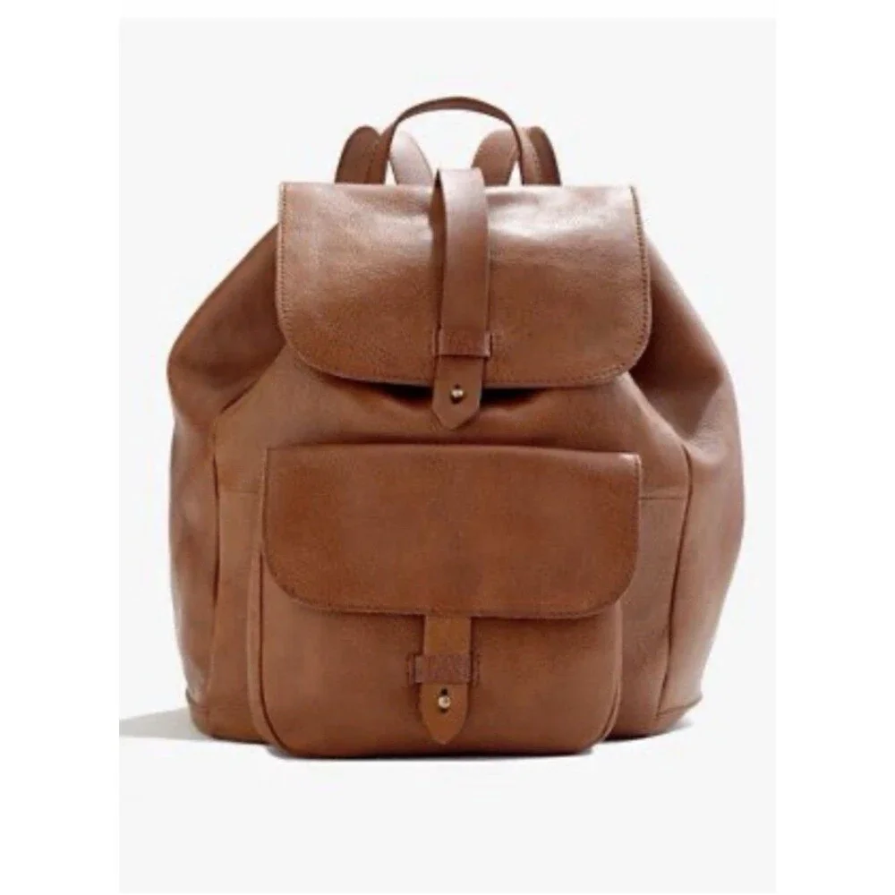 Madewell Brown Leather Lined Drawstring Backpack Buckle Flap Pocket
